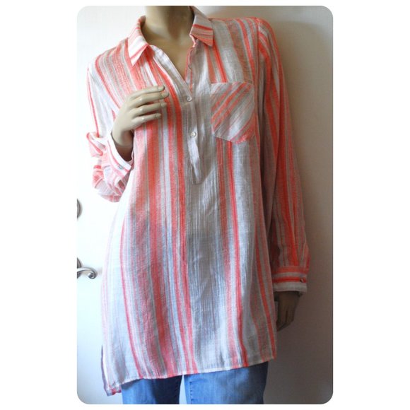 Nanette Lepore Tops - Nanette Lepore Coral Peach Striped Tunic Top Blouse Shirt Size L